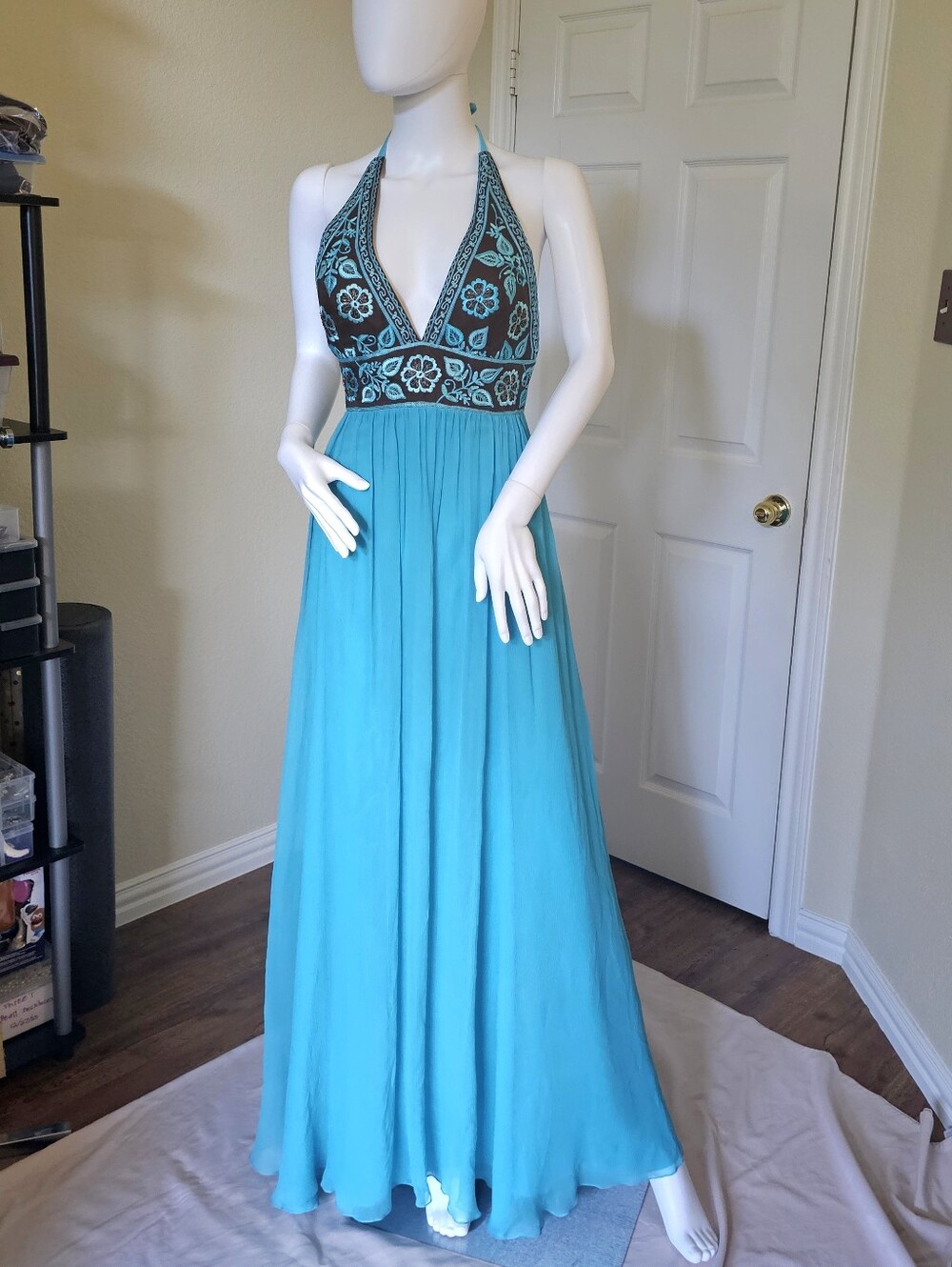 Turquoise Halter Maxi Dress with Embroidered Bodice